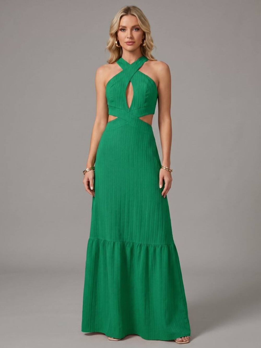 Women’s Green Halter Cutout Maxi Dress Backless Flowy Vacation Party Gown